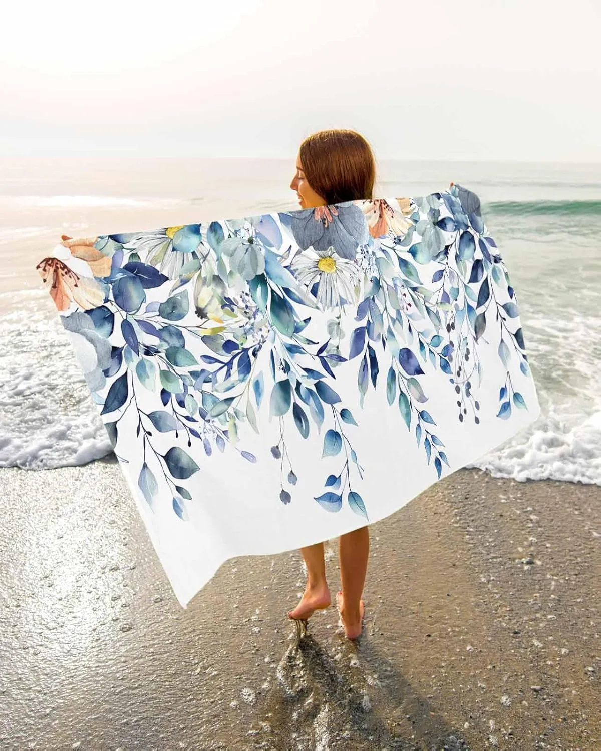 Quick-Drying Microfiber Beach Towel, Floral Eucalyptus Leaves Soft Absorbent Bath Shower Towels, Flower Blue Lightweight Portable Towel/Blanket for Travel/Swimming Pool/Camping/Yoga/Gym，35x70 Inch