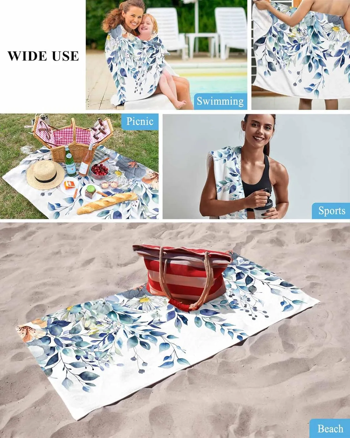 Quick-Drying Microfiber Beach Towel, Floral Eucalyptus Leaves Soft Absorbent Bath Shower Towels, Flower Blue Lightweight Portable Towel/Blanket for Travel/Swimming Pool/Camping/Yoga/Gym，35x70 Inch