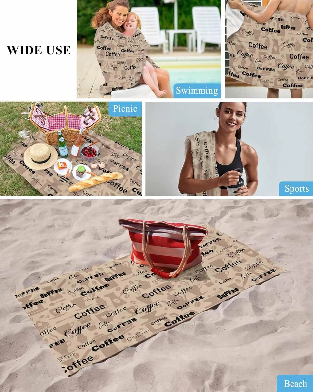 Quick-Drying Microfiber Beach Towel, Rustic Brown Coffee Soft Absorbent Bath Shower Towels, Casual Lightweight Portable Towel/Blanket for Travel/Swimming Pool/Camping/Yoga/Gym，35x70 Inch