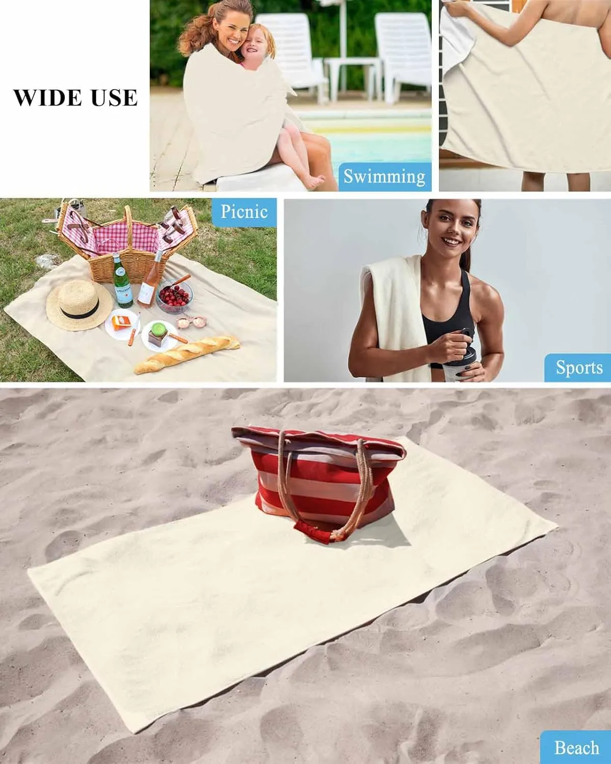 Quick-Drying Microfiber Beach Towel, Simple Solid Soft Absorbent Bath Shower Towels, Cream Color Lightweight Portable Towel/Blanket for Travel/Swimming Pool/Camping/Yoga/Gym，35x70 Inch
