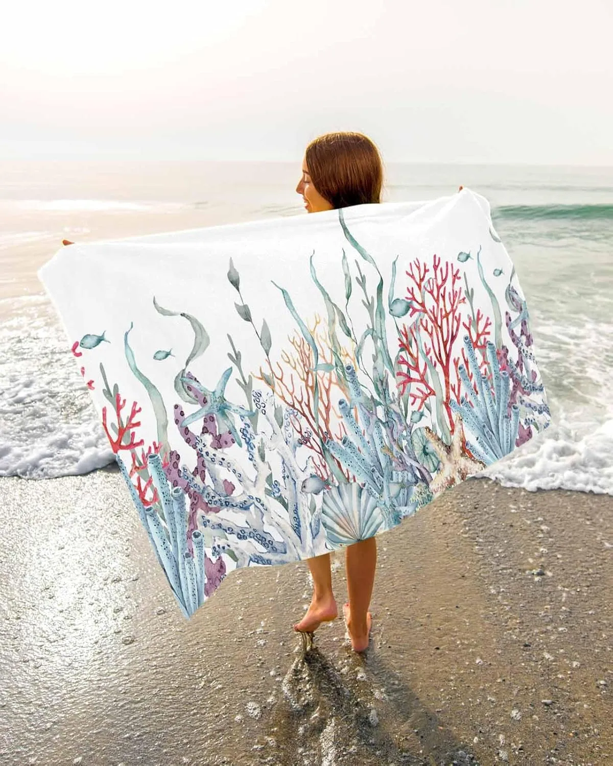 Quick-Drying Microfiber Beach Towel, Summer Ocean Soft Absorbent Bath Shower Towels, Coral Shell Conch Starfish Lightweight Portable Towel/Blanket for Travel/Swimming Pool/Camping/Yoga/Gym，35x70 Inch