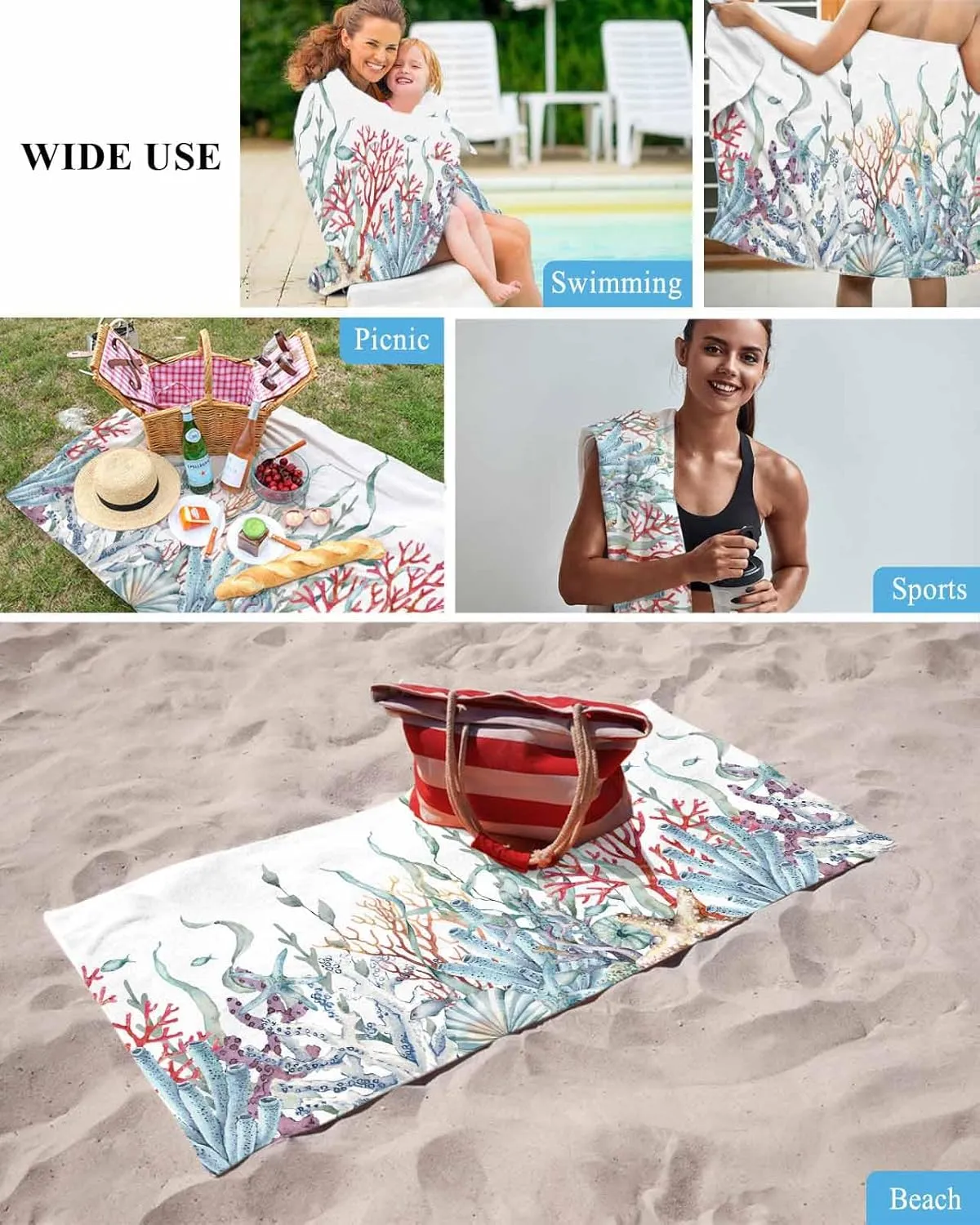 Quick-Drying Microfiber Beach Towel, Summer Ocean Soft Absorbent Bath Shower Towels, Coral Shell Conch Starfish Lightweight Portable Towel/Blanket for Travel/Swimming Pool/Camping/Yoga/Gym，35x70 Inch