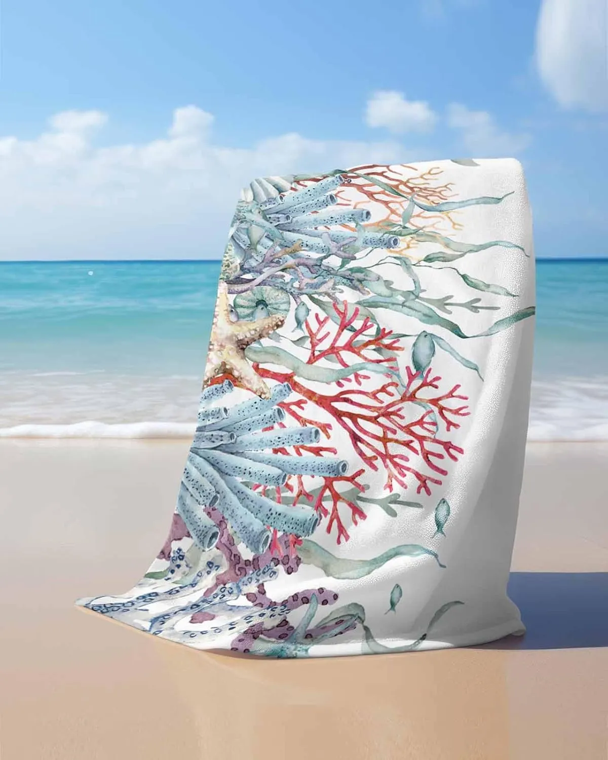 Quick-Drying Microfiber Beach Towel, Summer Ocean Soft Absorbent Bath Shower Towels, Coral Shell Conch Starfish Lightweight Portable Towel/Blanket for Travel/Swimming Pool/Camping/Yoga/Gym，35x70 Inch