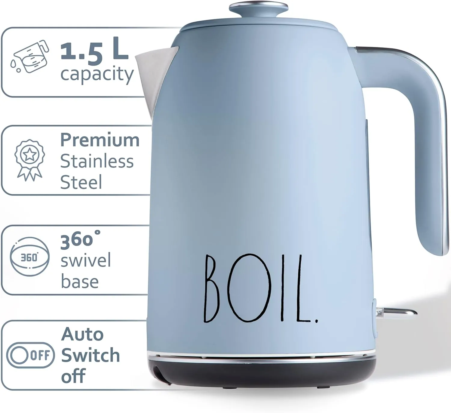 Rae Dunn Electric Water Kettle - Stainless Steel Coffee Maker, Tea Kettle, Electric Hot Water Kettle with Automatic Shut Off Boil-Dry Protection, 1500 Watt Boiling Power, 1.7 Liters, Baby Blue