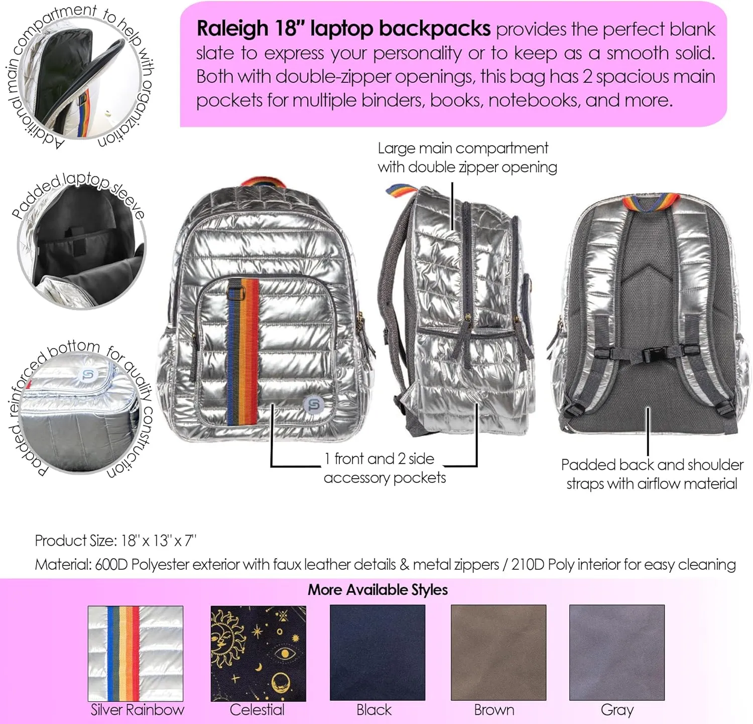 RALEIGH 18" Brown Backpack, BAZIC x SYDNEY Fashion Backpack Shoulder Bag Casual Travel Bag Hiking Daypack
