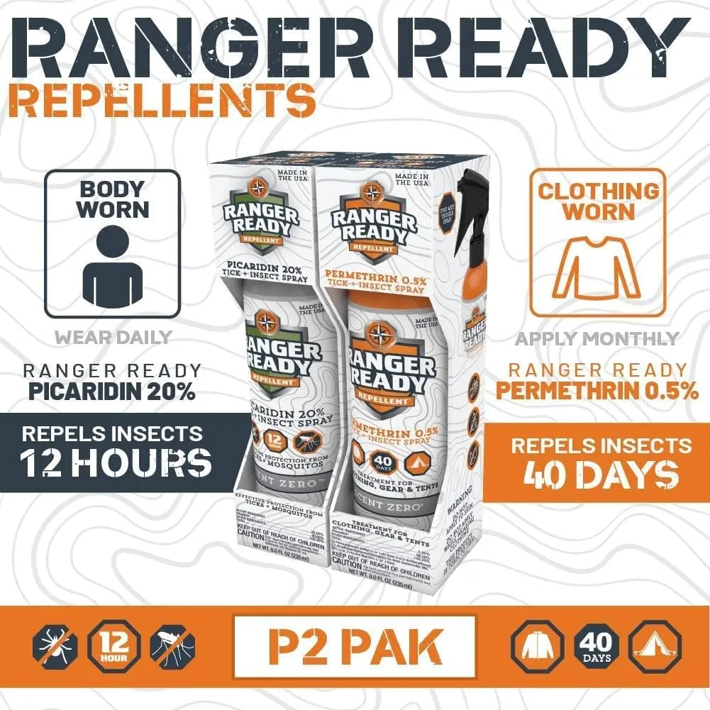 Ranger Ready Repellents P2Pak Permethrin   Picaridin Tick & Insect Repellent, Scent Zero, 8 Fl Oz. (Pack of 2)