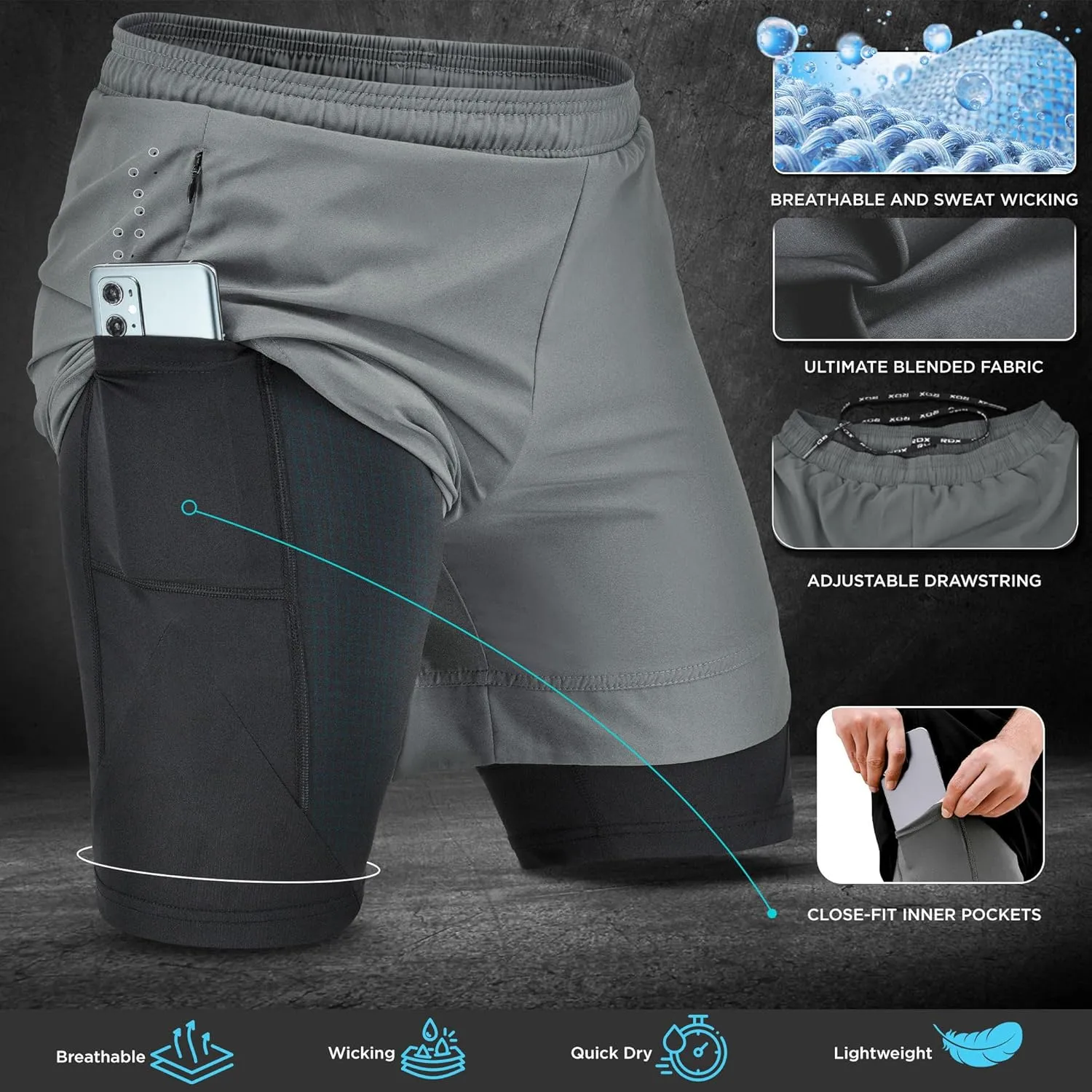 RDX Men’s Running Shorts, 2 in 1 Athletic Breathable Short Compression Liner, 2 Zipper and 2 Phone Pockets, Lightweight