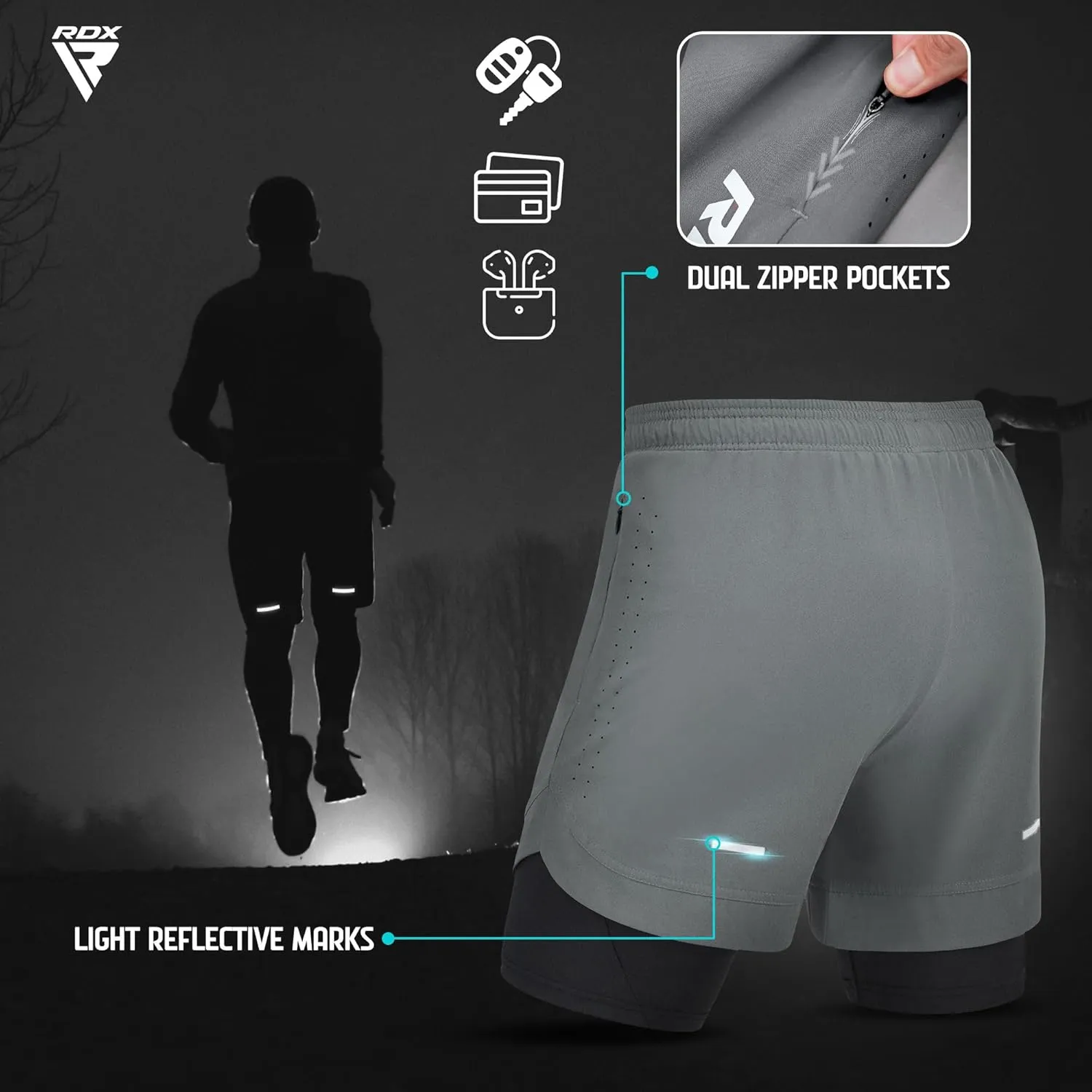 RDX Men’s Running Shorts, 2 in 1 Athletic Breathable Short Compression Liner, 2 Zipper and 2 Phone Pockets, Lightweight