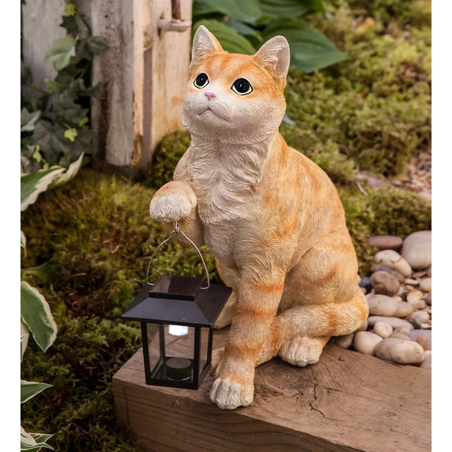 Realistic Resin Cat Sculpture with Solar-Powered Lantern, 11.25"x7"x13.5"inches