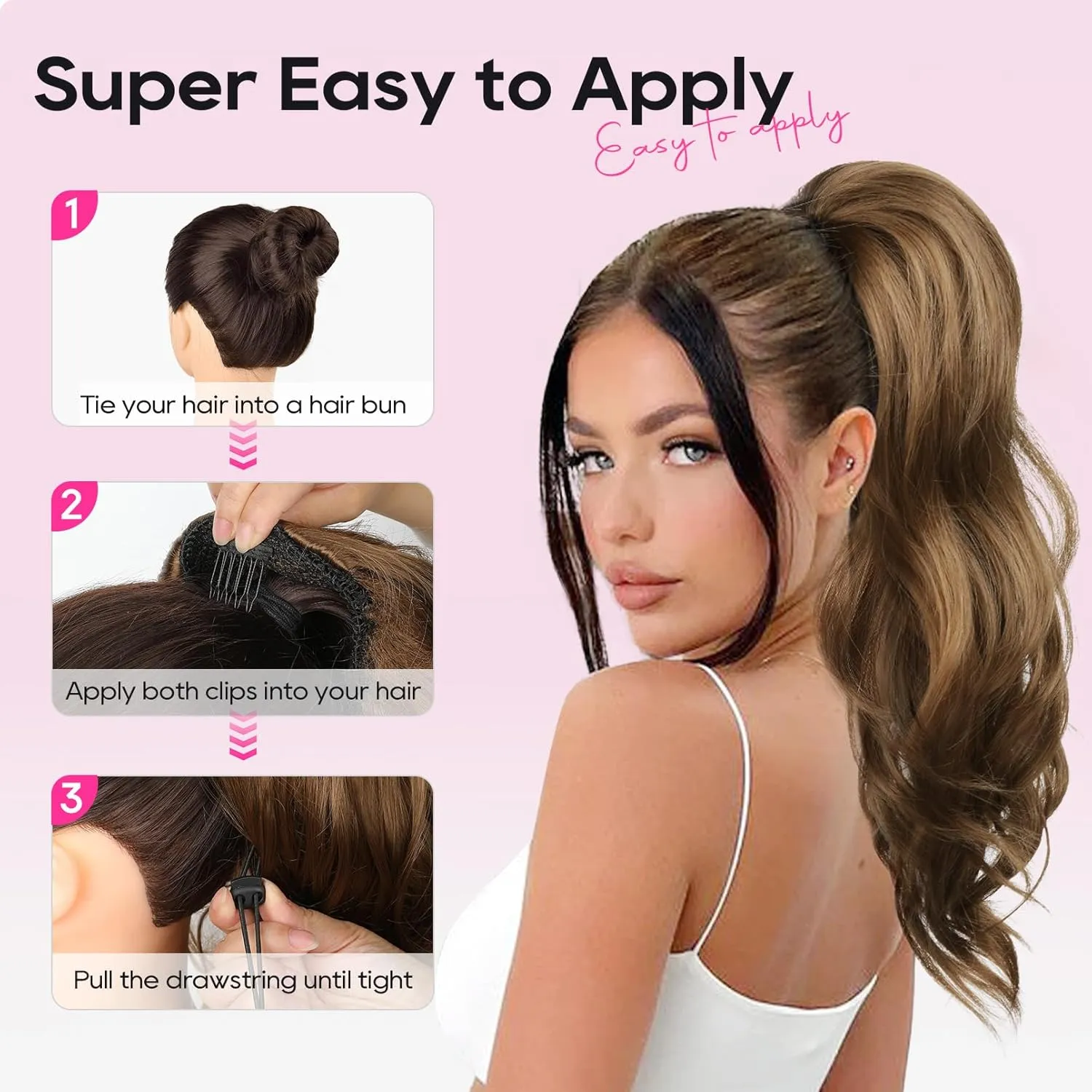 REECHO Ponytail Extension, Drawstring Ponytail Extension Long Wavy Layered Pony Tails Hair Extensions 22inch Natural Clip in Synthetic Hairpiece for Women, Chocolate Brown with Highlights