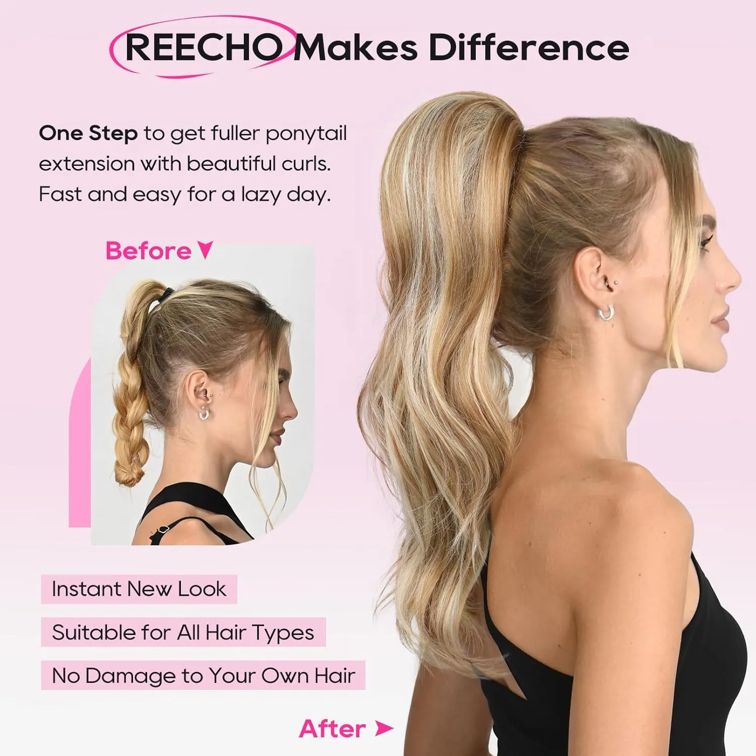 REECHO Ponytail Extension, Drawstring Ponytail Extension Long Wavy Layered Pony Tails Hair Extensions 22inch Natural Clip in Synthetic Hairpiece for Women, Chocolate Brown with Highlights
