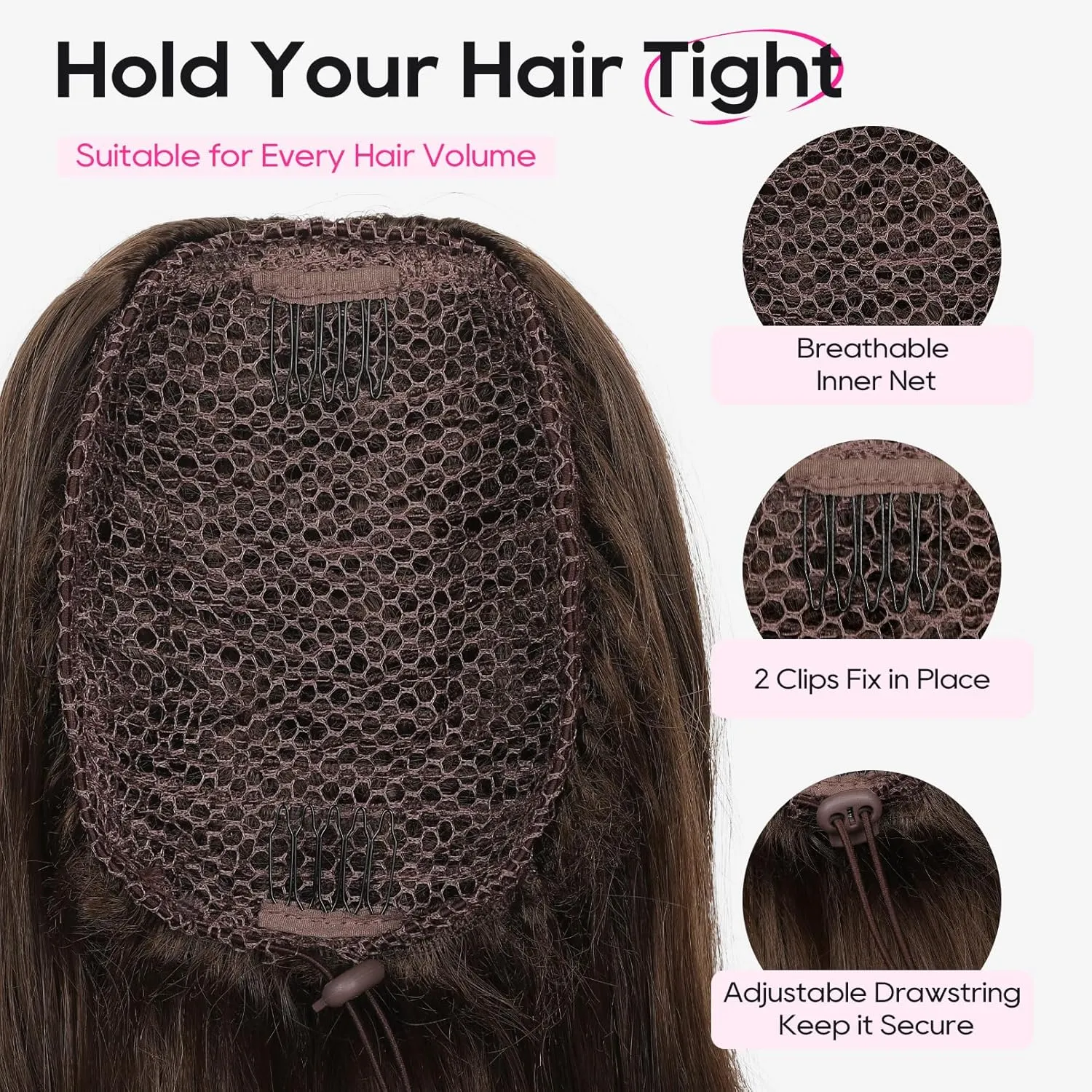 REECHO Ponytail Extension, Drawstring Ponytail Extension Long Wavy Layered Pony Tails Hair Extensions 22inch Natural Clip in Synthetic Hairpiece for Women, Chocolate Brown with Highlights
