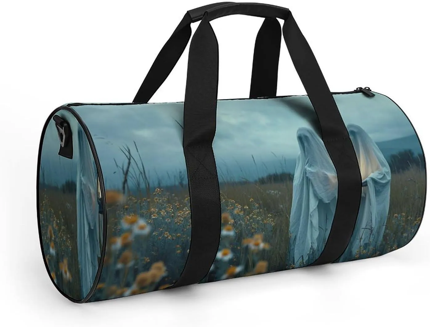 Retro Halloween Ghost Travel Gym Bag for Women Men Two Ghosts Holding Lantern Gothic Dark Academia Creepy Spooky Cylindrical Duffle Bag Sport Workout Bag with Shoulder Strap