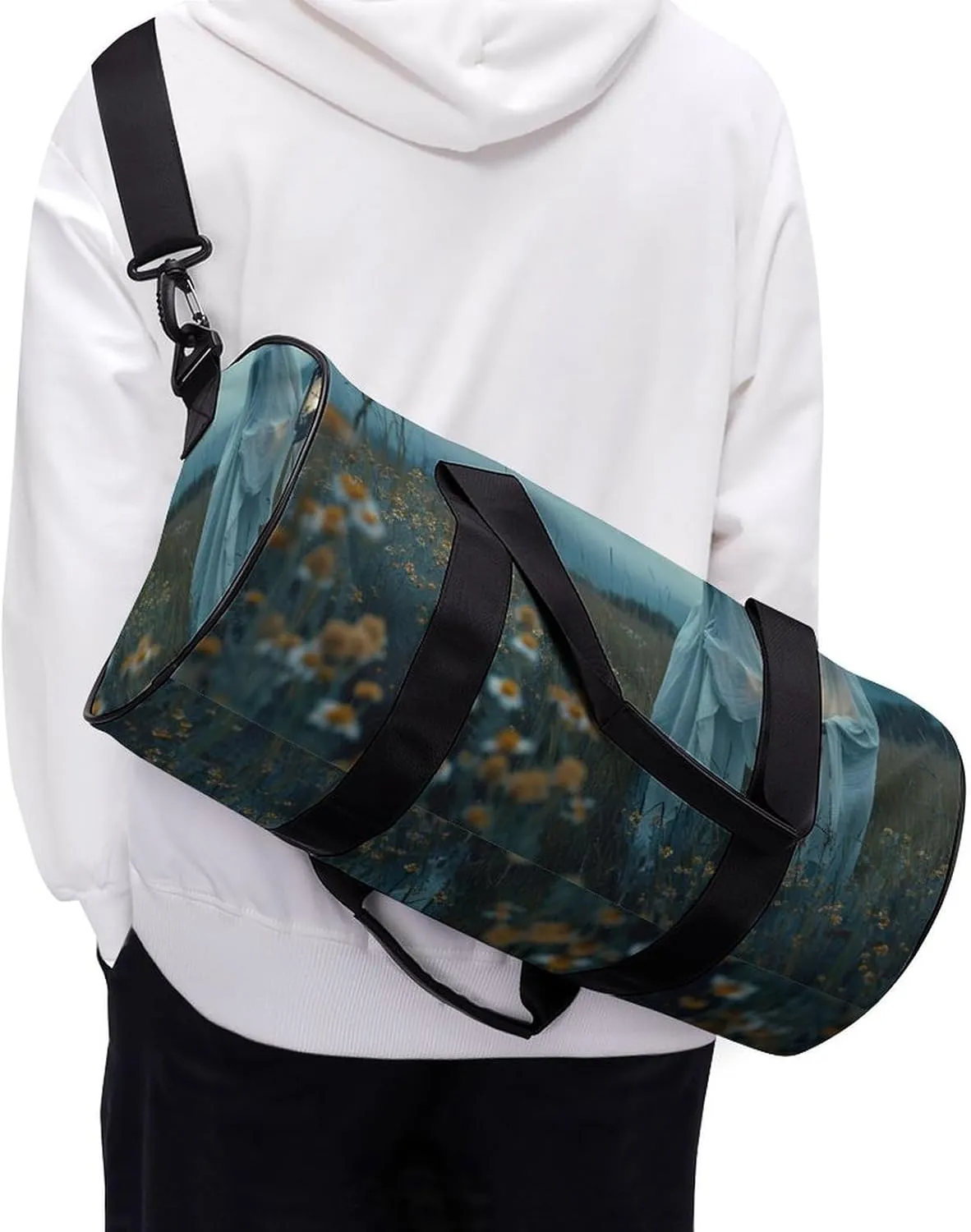 Retro Halloween Ghost Travel Gym Bag for Women Men Two Ghosts Holding Lantern Gothic Dark Academia Creepy Spooky Cylindrical Duffle Bag Sport Workout Bag with Shoulder Strap