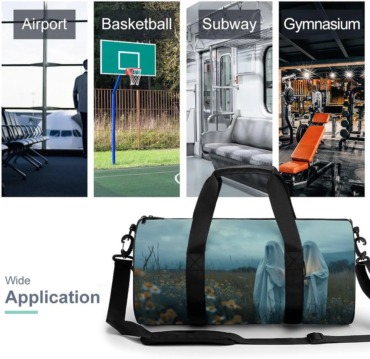 Retro Halloween Ghost Travel Gym Bag for Women Men Two Ghosts Holding Lantern Gothic Dark Academia Creepy Spooky Cylindrical Duffle Bag Sport Workout Bag with Shoulder Strap
