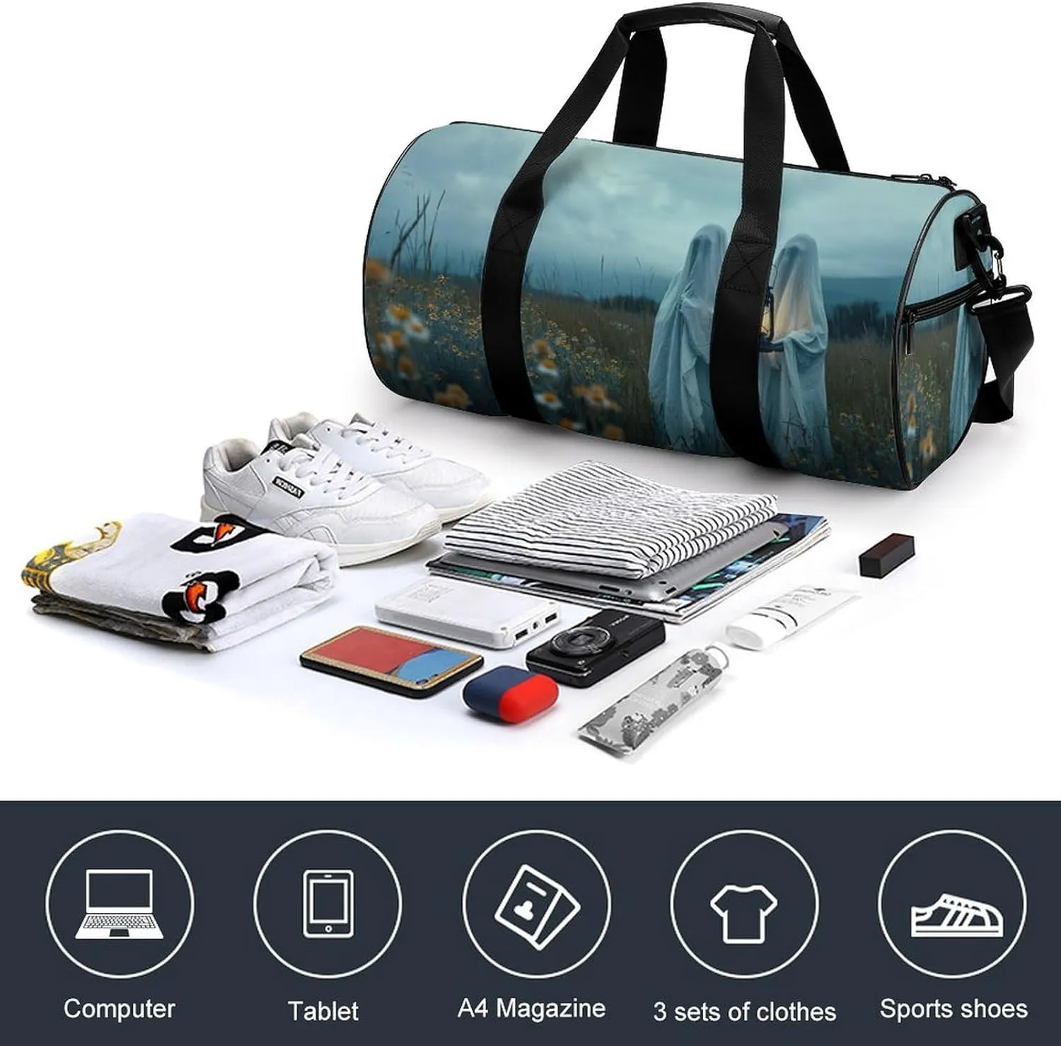 Retro Halloween Ghost Travel Gym Bag for Women Men Two Ghosts Holding Lantern Gothic Dark Academia Creepy Spooky Cylindrical Duffle Bag Sport Workout Bag with Shoulder Strap