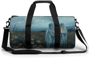 Retro Halloween Ghost Travel Gym Bag for Women Men Two Ghosts Holding Lantern Gothic Dark Academia Creepy Spooky Cylindrical Duffle Bag Sport Workout Bag with Shoulder Strap