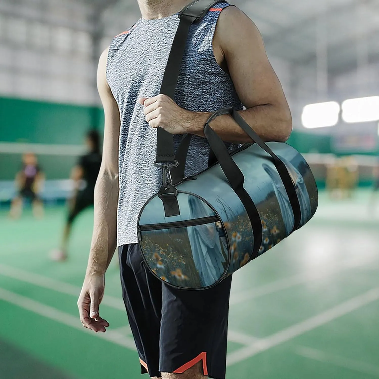Retro Halloween Ghost Travel Gym Bag for Women Men Two Ghosts Holding Lantern Gothic Dark Academia Creepy Spooky Cylindrical Duffle Bag Sport Workout Bag with Shoulder Strap