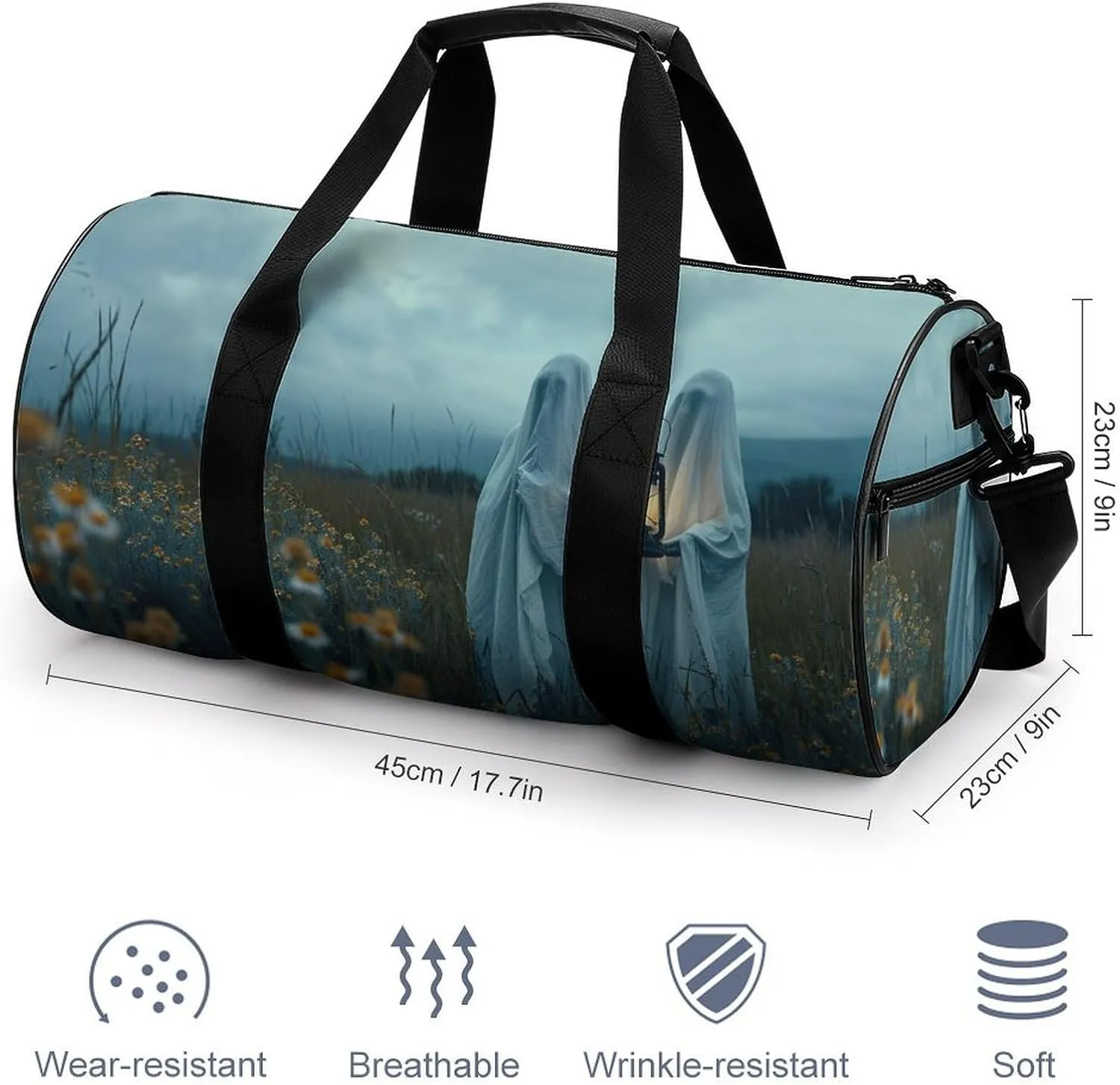 Retro Halloween Ghost Travel Gym Bag for Women Men Two Ghosts Holding Lantern Gothic Dark Academia Creepy Spooky Cylindrical Duffle Bag Sport Workout Bag with Shoulder Strap