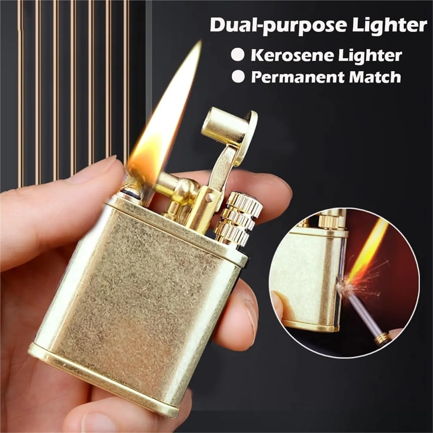 Retro lighter permanent matches, cool trench kerosene lighter, 2 in 1 permanent matches, waterproof match lighter, reusable kerosene lighter, suitable for collection, candles, outdoor, gifts(E)