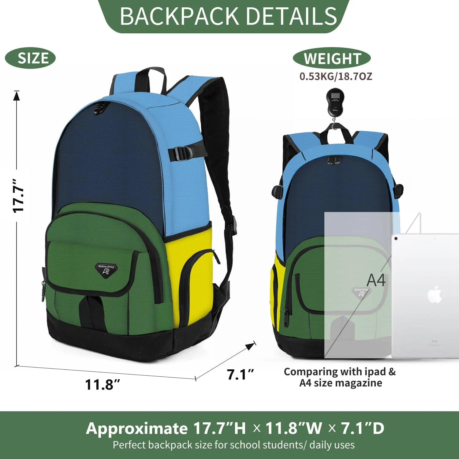 rickyh style School Backpack Travel Bag for Men & Women Lightweight College Back Pack with Laptop Compartmen