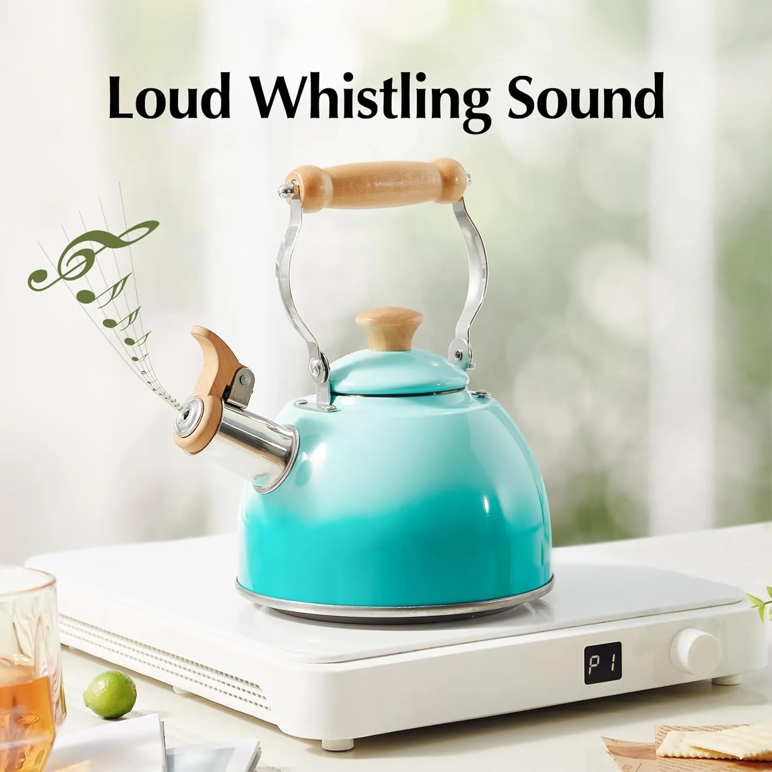 ROCKURWOK Tea Kettle, Tea Pot with Cool Touch Ergonomic Handle, Teapot Food Grade Stainless Steel, Tea Kettle Stovetop, Kettle Teapot, Whistling Tea Kettle, Small Tea Kettle, 1.6 Quart (Green)