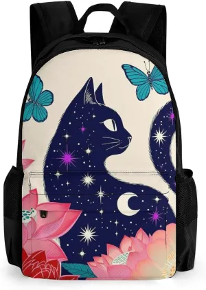 Rucksacks Multipurpose Anti-Theft Big Capacity Bookbag - Black Cat Flower Butterfly Starry Sky Dream Scene Art Travel Hiking & Camping Rucksack With Padded Straps
