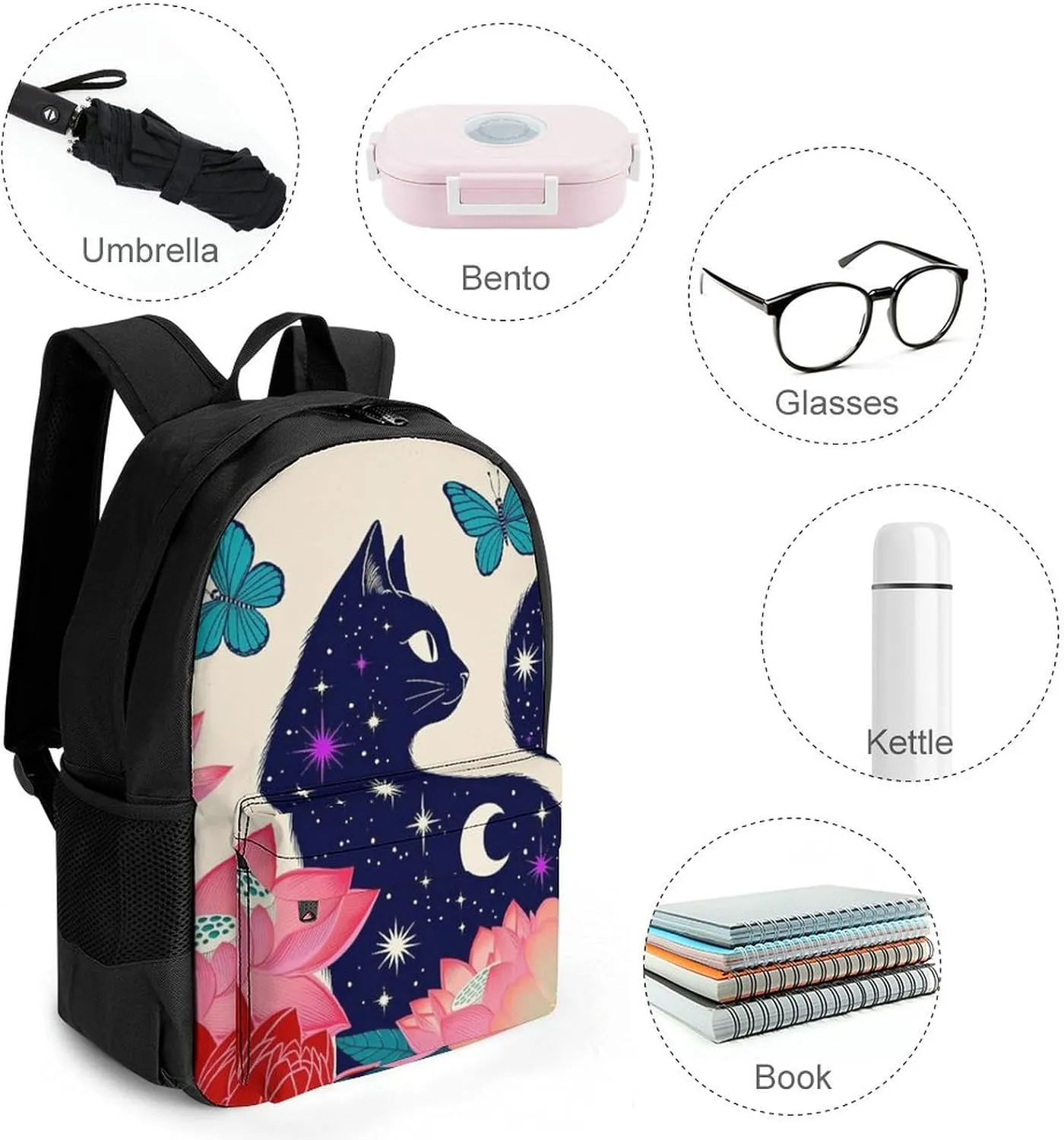 Rucksacks Multipurpose Anti-Theft Big Capacity Bookbag - Black Cat Flower Butterfly Starry Sky Dream Scene Art Travel Hiking & Camping Rucksack With Padded Straps