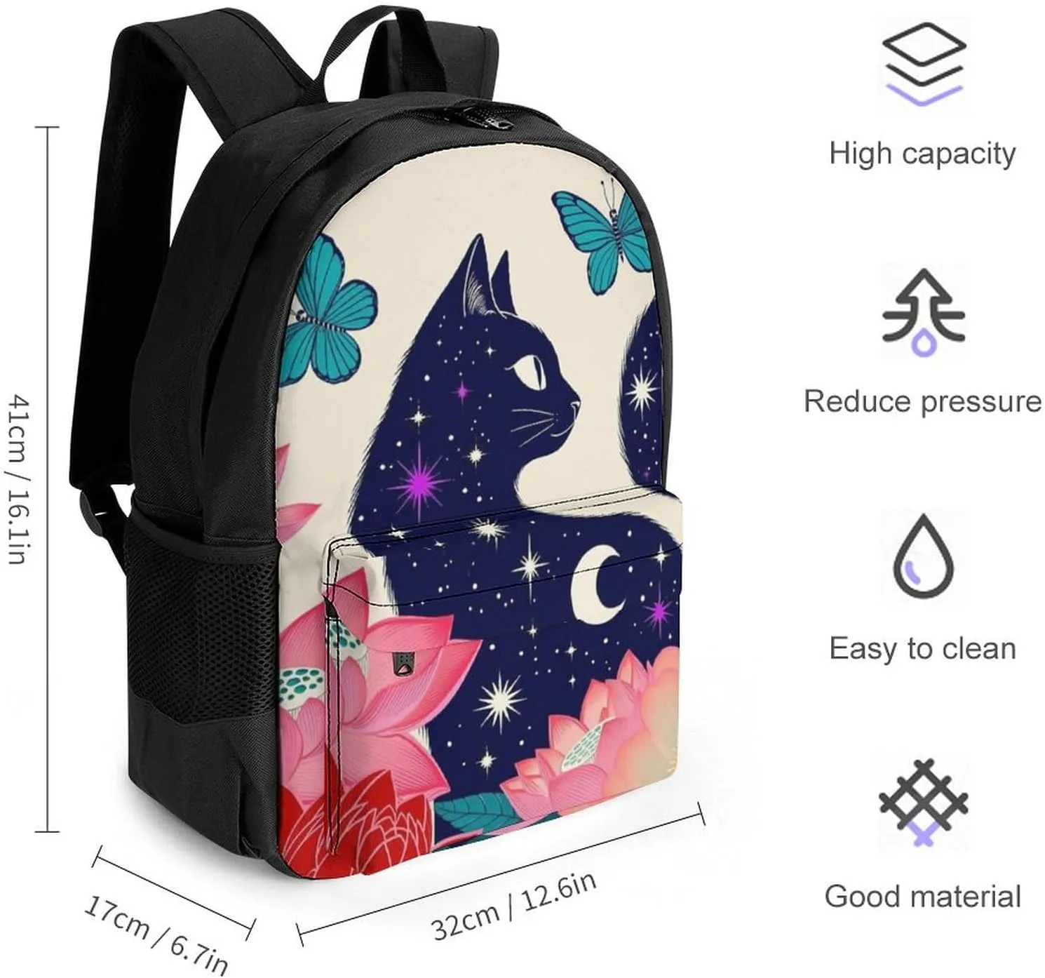 Rucksacks Multipurpose Anti-Theft Big Capacity Bookbag - Black Cat Flower Butterfly Starry Sky Dream Scene Art Travel Hiking & Camping Rucksack With Padded Straps