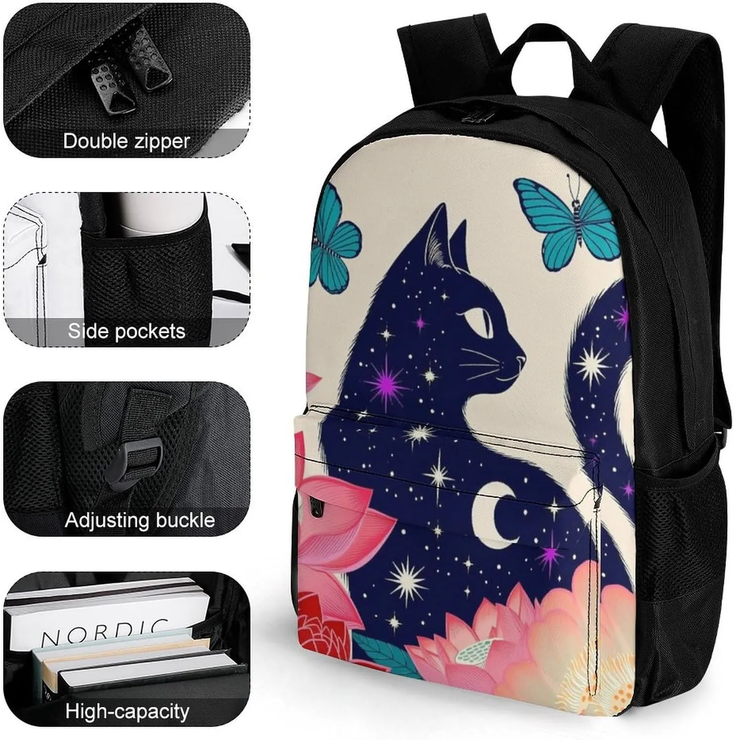 Rucksacks Multipurpose Anti-Theft Big Capacity Bookbag - Black Cat Flower Butterfly Starry Sky Dream Scene Art Travel Hiking & Camping Rucksack With Padded Straps