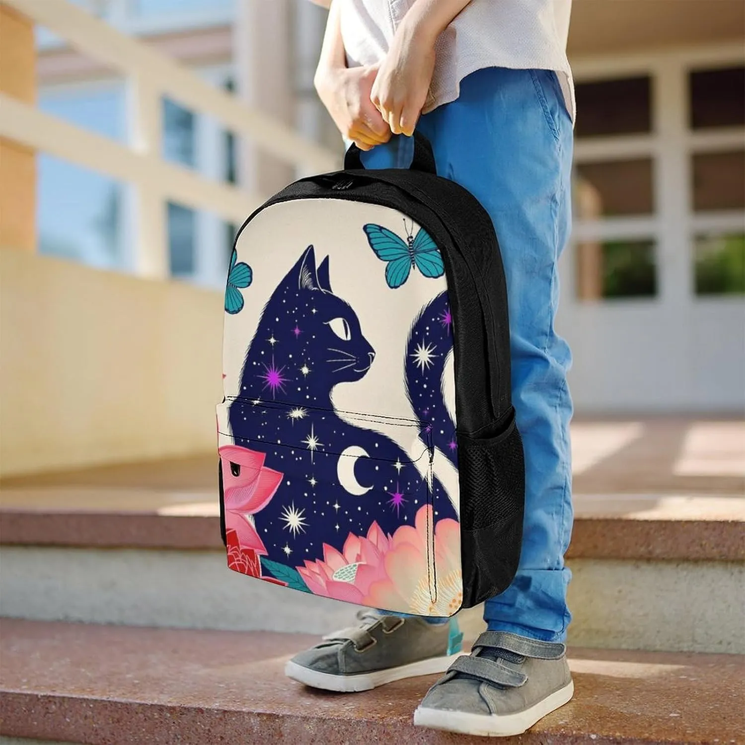 Rucksacks Multipurpose Anti-Theft Big Capacity Bookbag - Black Cat Flower Butterfly Starry Sky Dream Scene Art Travel Hiking & Camping Rucksack With Padded Straps
