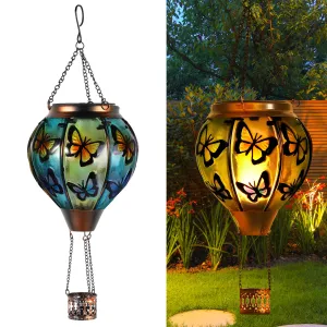 Rynx | Butterfly Hot Air Balloon Solar Lamp, Solar Hot Air Balloon Flood Flame Hanging Garden Light Candle LED Light Glass & Metal Waterproof Outdoor Lanterns Garden/Patio Decorative, Gift For Mother