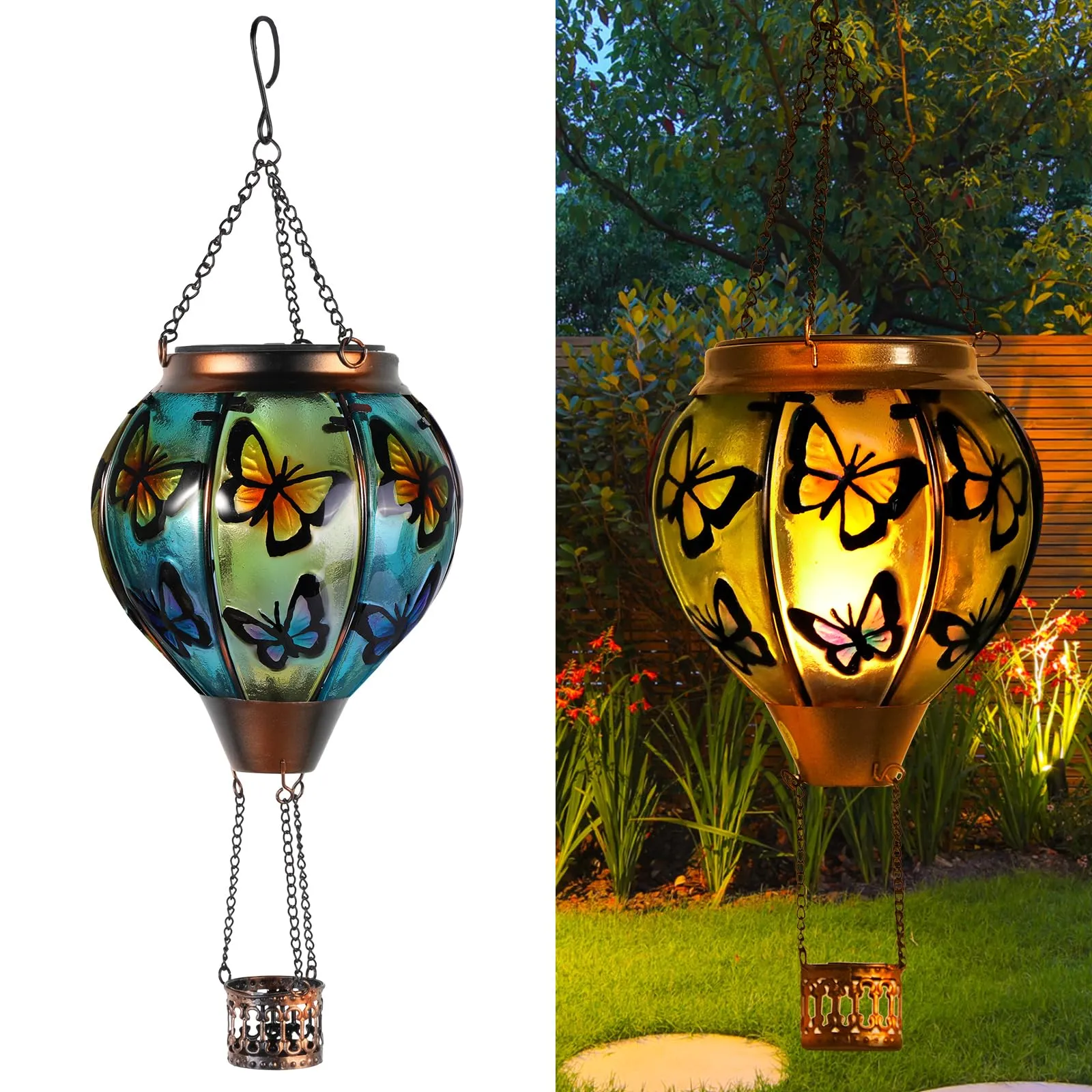 Rynx | Butterfly Hot Air Balloon Solar Lamp, Solar Hot Air Balloon Flood Flame Hanging Garden Light Candle LED Light Glass & Metal Waterproof Outdoor Lanterns Garden/Patio Decorative, Gift For Mother