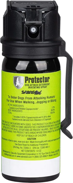 SABRE RED SABRE Protector Dog Pepper Spray & Belt Clip, Fast Flip Top Safety, 7 Bursts, 15-Foot (4.6-Meter) Range, Humane Dog Attack Deterrent, Max Strength Allowed By EPA for Self Defense, 1.8 fl oz