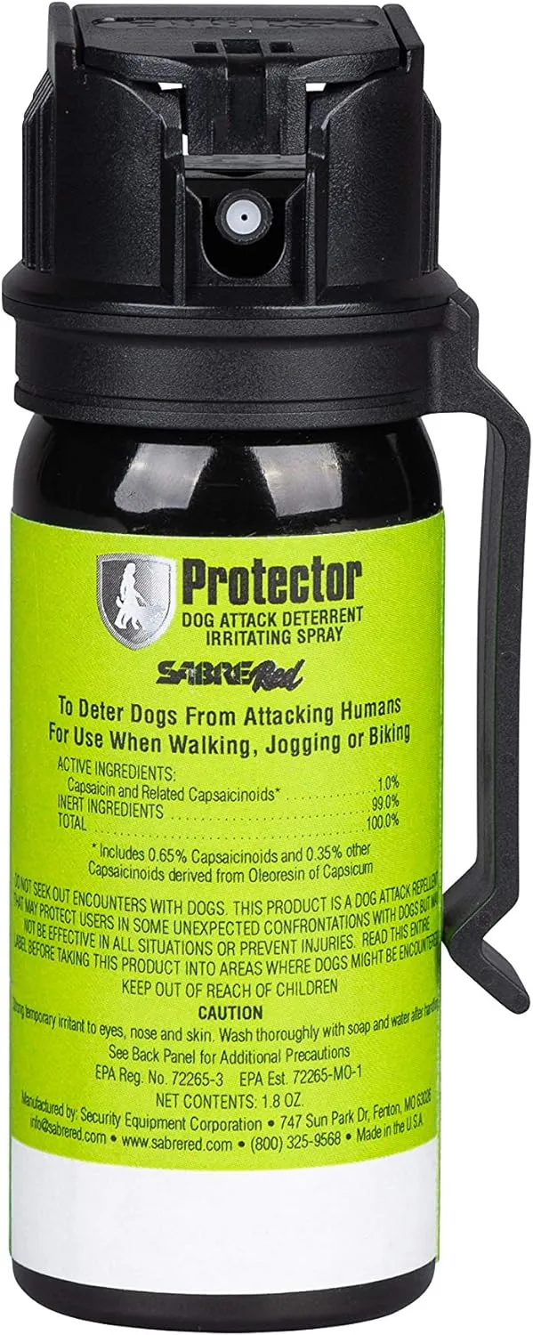 SABRE RED SABRE Protector Dog Pepper Spray & Belt Clip, Fast Flip Top Safety, 7 Bursts, 15-Foot (4.6-Meter) Range, Humane Dog Attack Deterrent, Max Strength Allowed By EPA for Self Defense, 1.8 fl oz