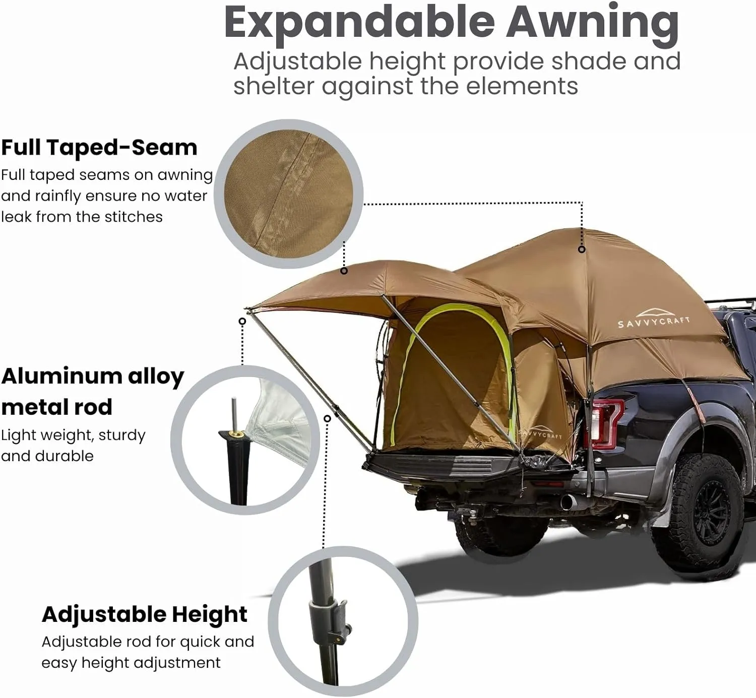 Savvycraft Pickup Truck Tent for Full Size and Mid Size Truck Short Bed and Long Bed, Waterproof P3000mm 2-Person Double Layer Truck Bed Camping Tent, Expandable Awning, Rainfly, Storage Bag Included