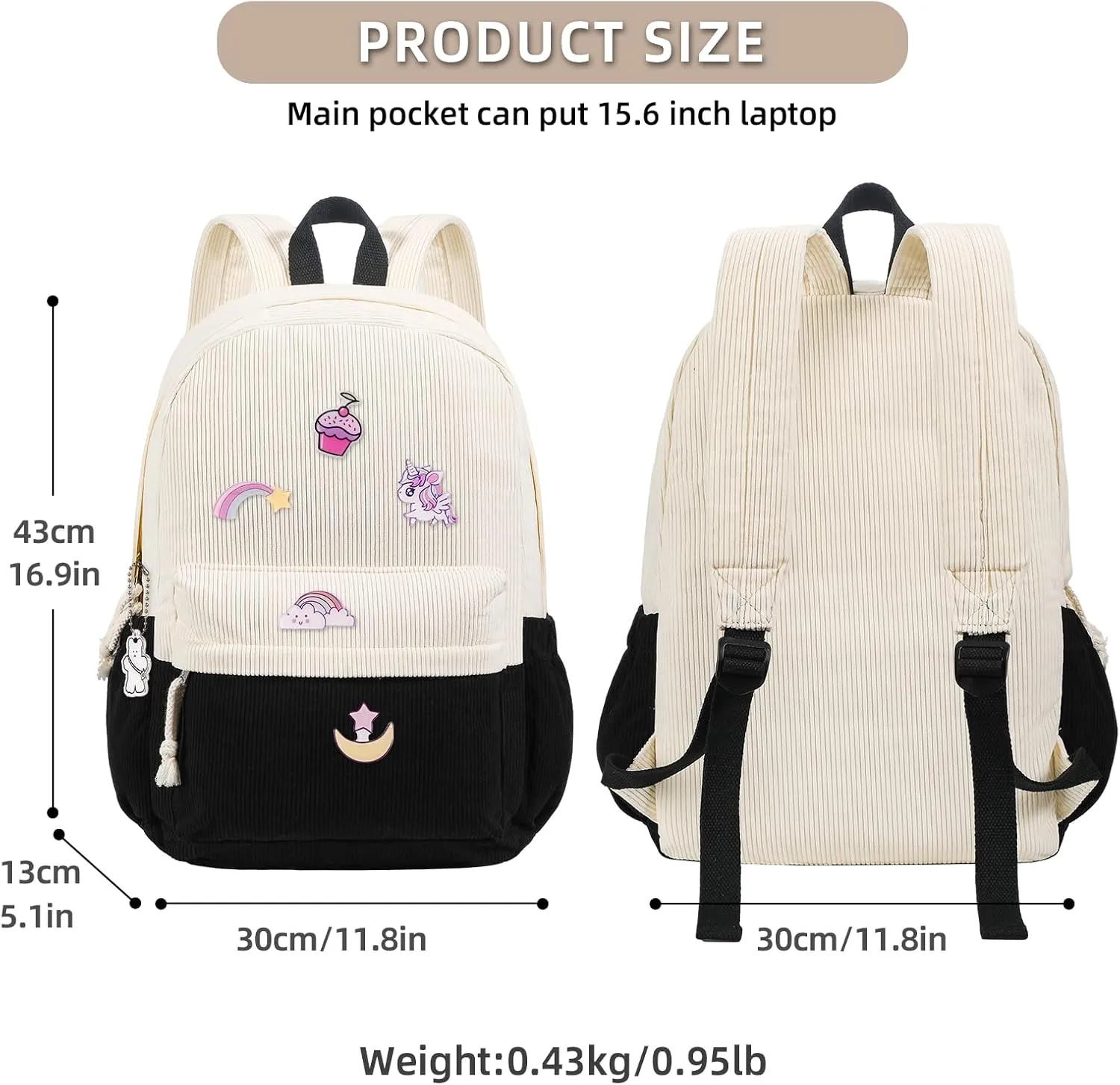 School Backpack for Teens Girls, Women 15.6 Inch Laptop College Backpacks, Corduroy Work Bag, Kids Elementary Middle High Campus Bookbag (Black White)