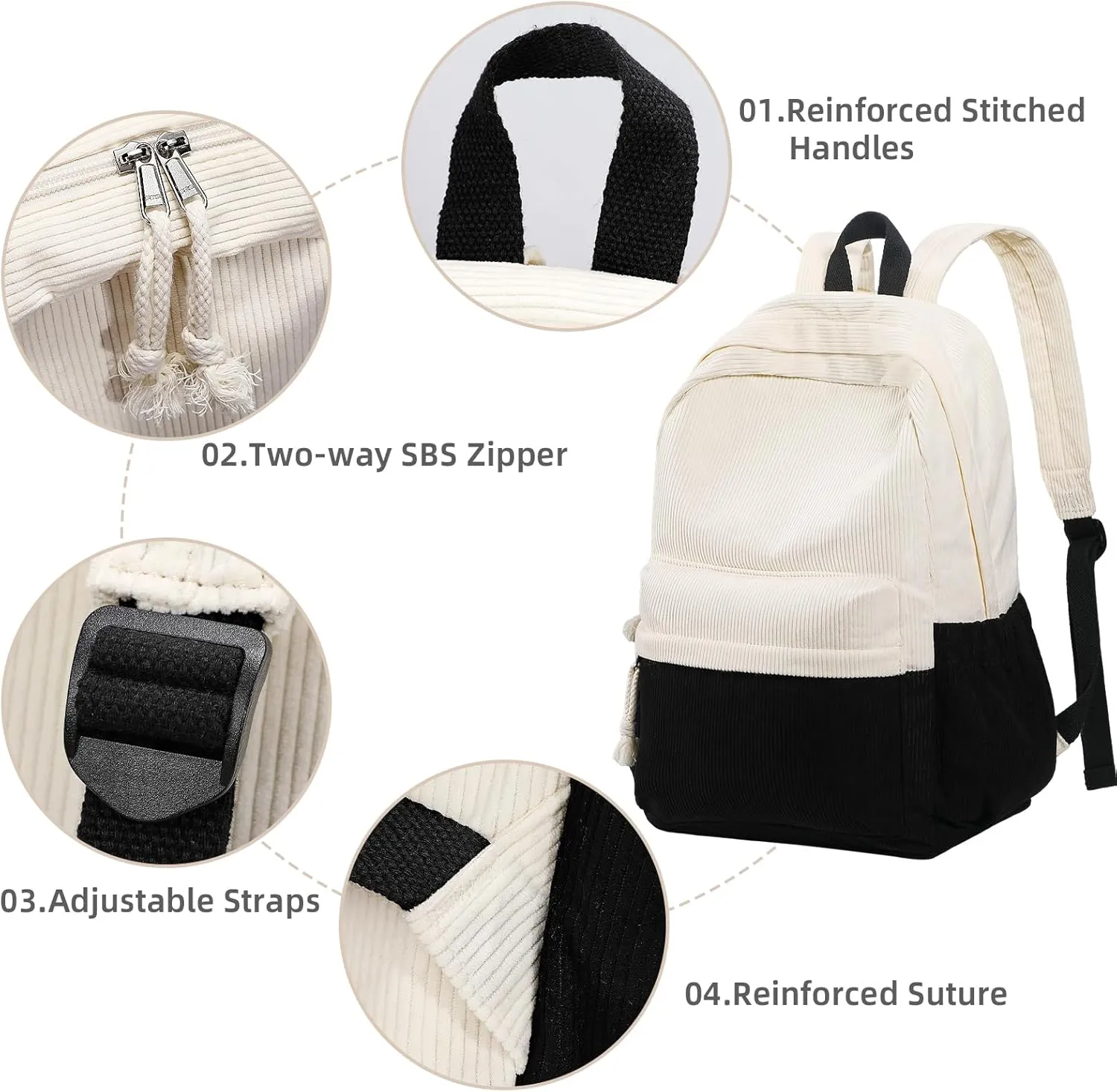 School Backpack for Teens Girls, Women 15.6 Inch Laptop College Backpacks, Corduroy Work Bag, Kids Elementary Middle High Campus Bookbag (Black White)