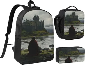 Scottish retro print Backpack 3pcs Set Including 17 Inch Large BookBag With Lunch Bag And Practical Pen Bag