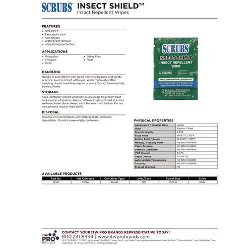 SCRUBS® Insect Shield Insect Repellent Wipes, 8 x 10, Floral, 100/Carton