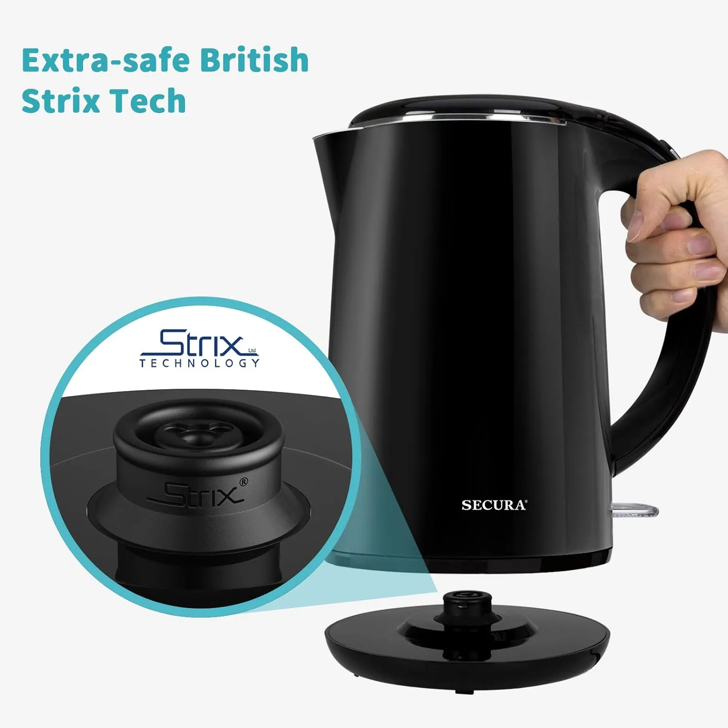 Secura Original Stainless Steel Double Wall Electric Water Kettle 1.8 Quart with Auto Shut-Off & Boil-Dry Protection, Black Onyx SWK-1701DA/HB-3227B