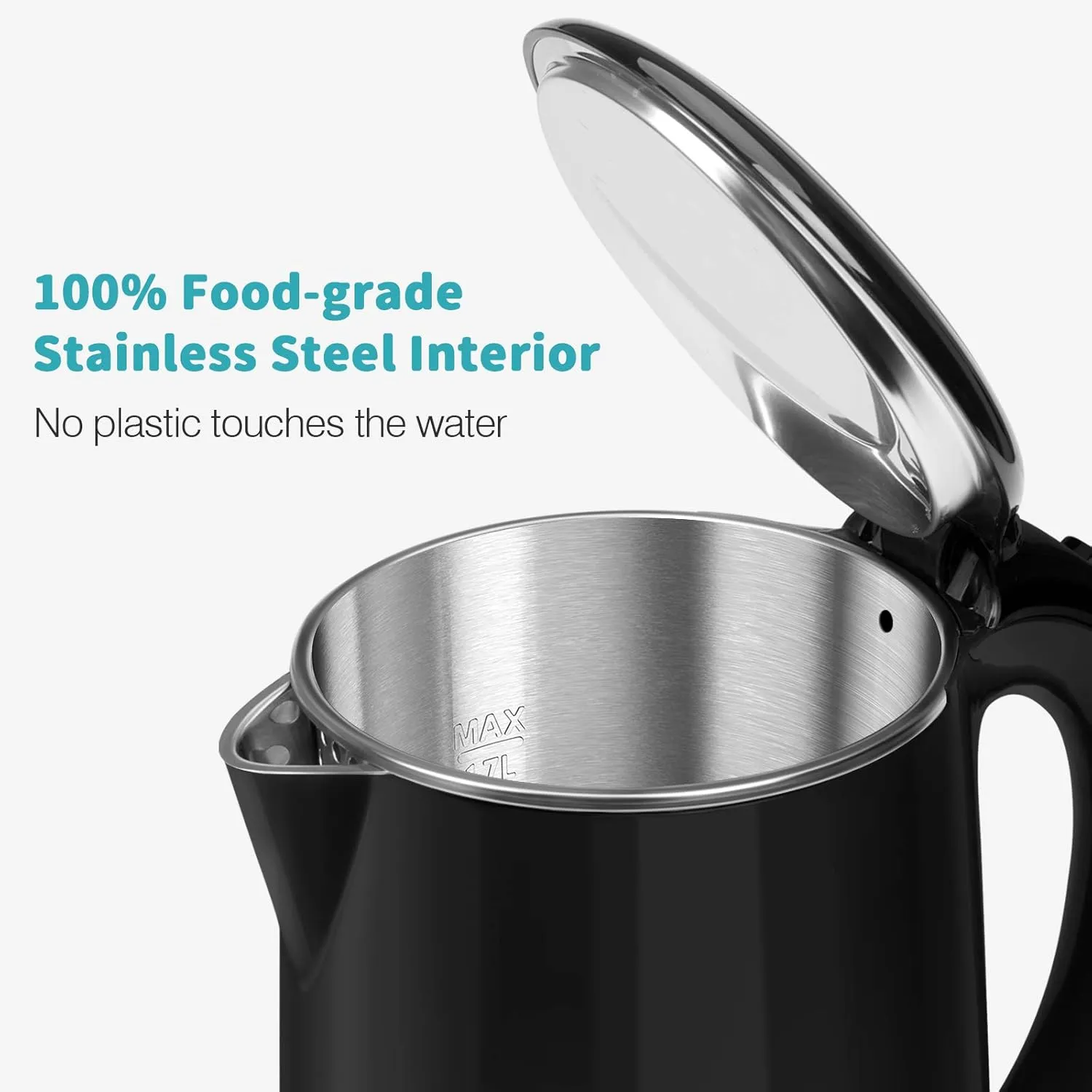 Secura Original Stainless Steel Double Wall Electric Water Kettle 1.8 Quart with Auto Shut-Off & Boil-Dry Protection, Black Onyx SWK-1701DA/HB-3227B