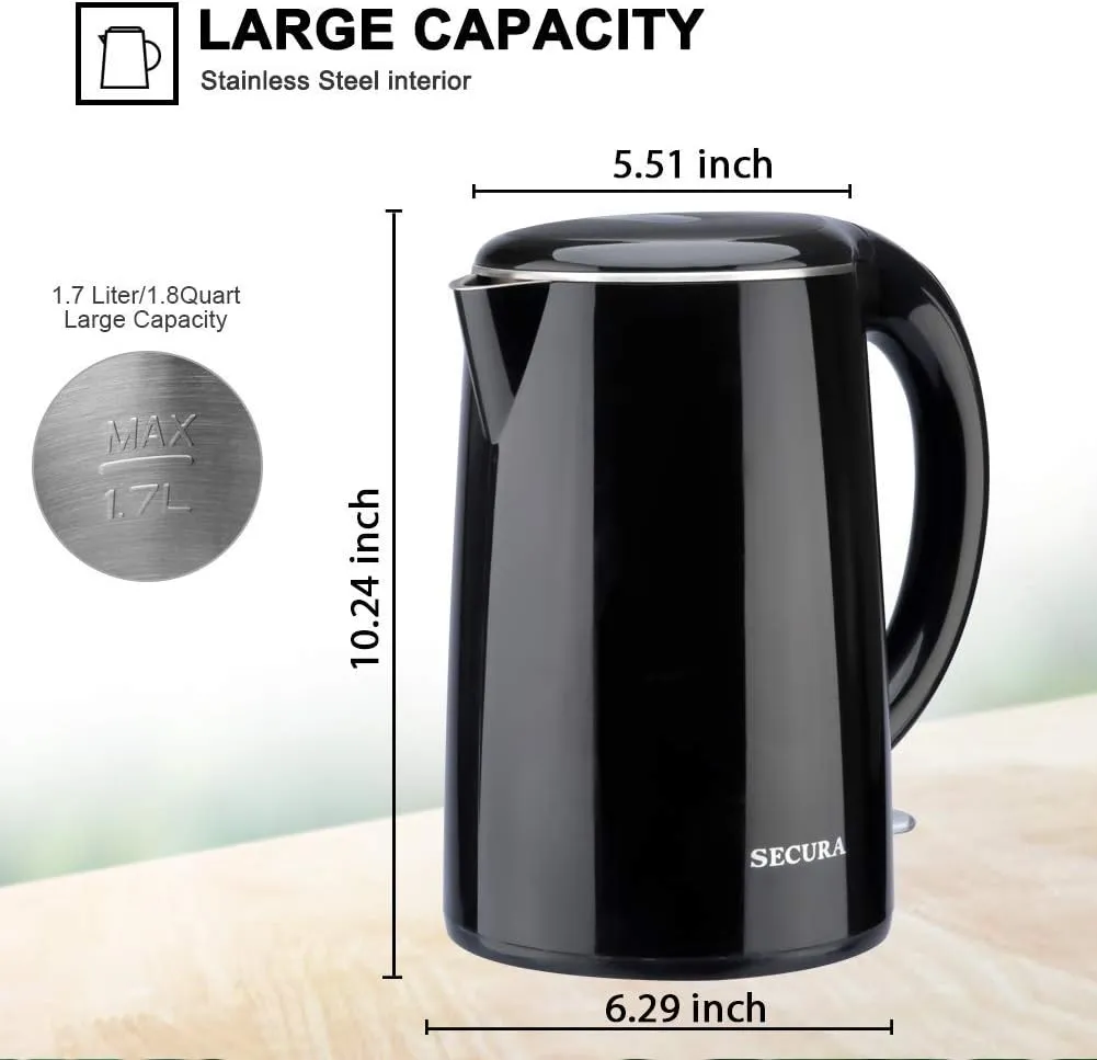 Secura Original Stainless Steel Double Wall Electric Water Kettle 1.8 Quart with Auto Shut-Off & Boil-Dry Protection, Black Onyx SWK-1701DA/HB-3227B
