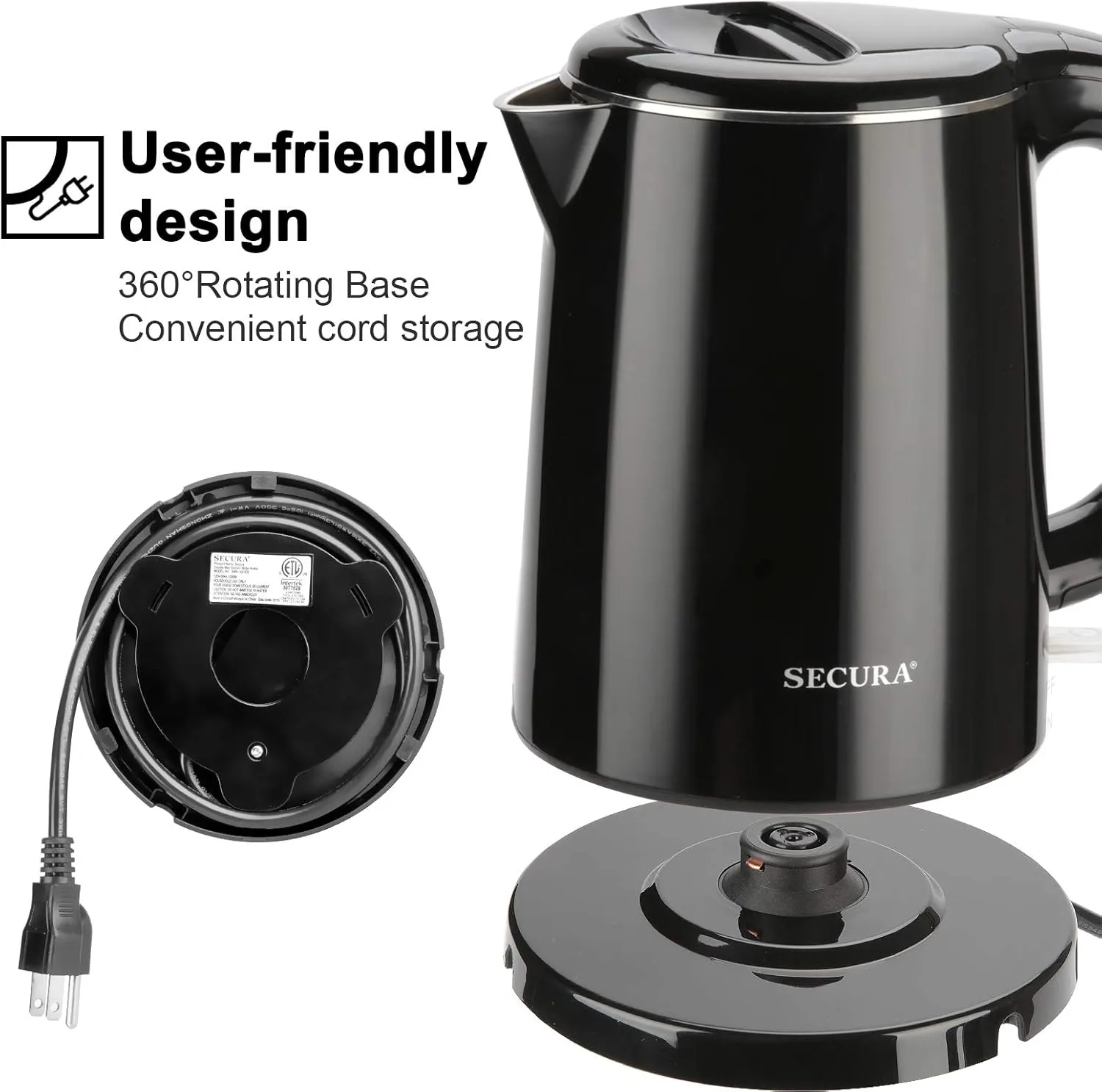 Secura Stainless Steel Double Wall Electric Kettle Water Heater for Tea Coffee w/Auto Shut-Off and Boil-Dry Protection, 1.0L (Black) SWK-1001DB/HB-K012