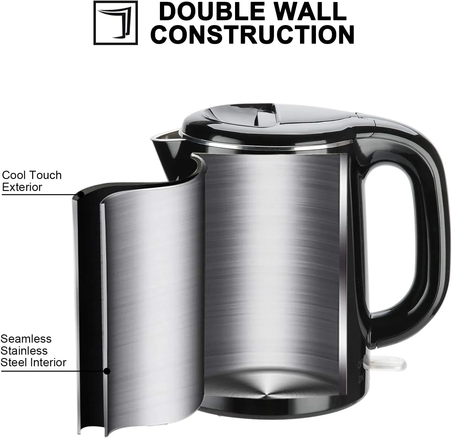Secura Stainless Steel Double Wall Electric Kettle Water Heater for Tea Coffee w/Auto Shut-Off and Boil-Dry Protection, 1.0L (Black) SWK-1001DB/HB-K012