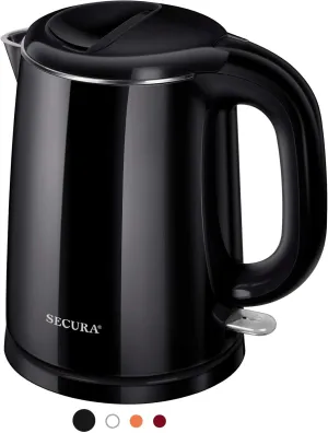 Secura Stainless Steel Double Wall Electric Kettle Water Heater for Tea Coffee w/Auto Shut-Off and Boil-Dry Protection, 1.0L (Black) SWK-1001DB/HB-K012