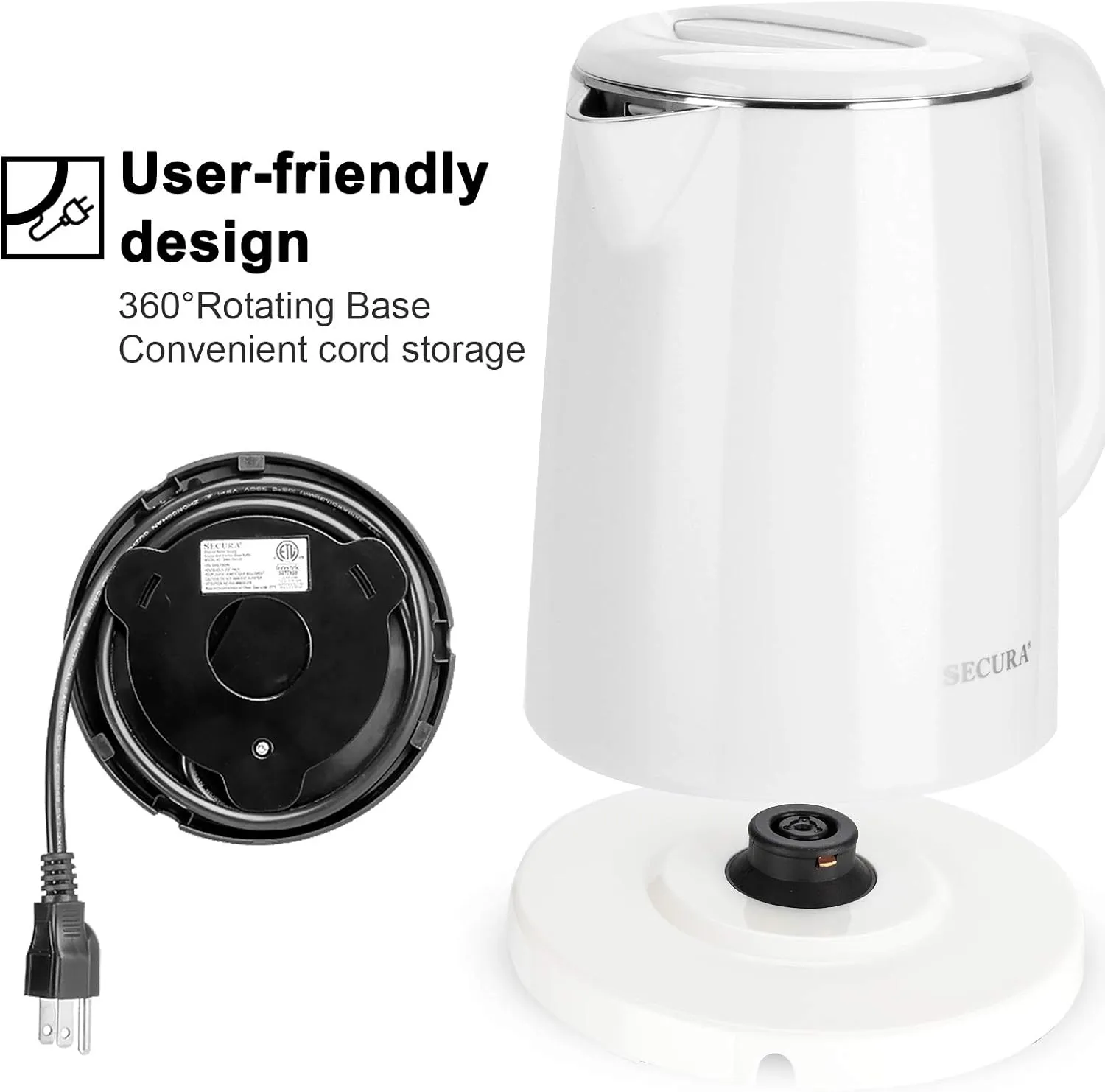 Secura Stainless Steel Double Wall Electric Kettle Water Heater for Tea Coffee w/Auto Shut-Off and Boil-Dry Protection, 1.0L (White) SWK-1001DW/HB-K012