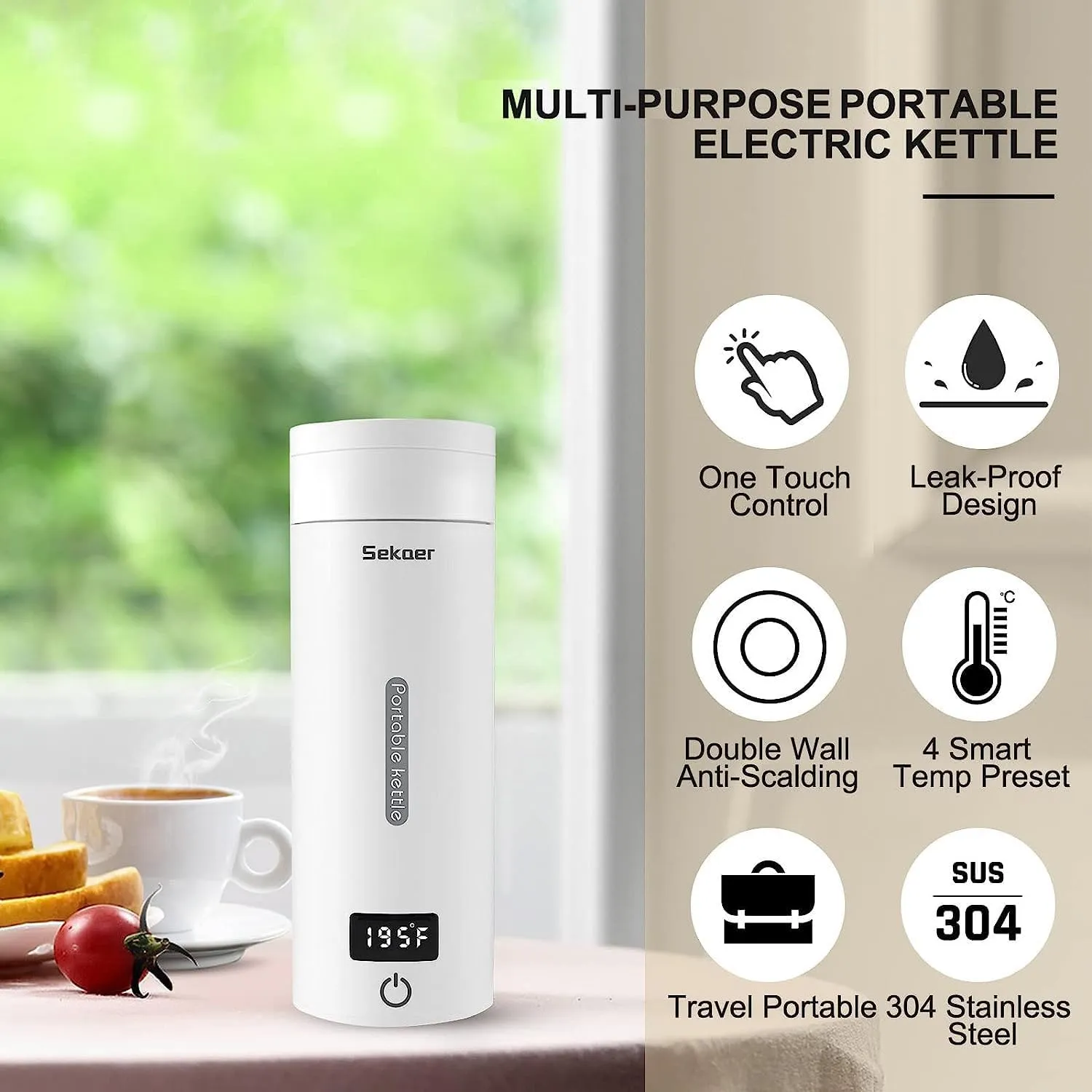 Sekaer Portable Electric Tea Kettle Travel Small Mini Coffee Kettle, with 4 Variable Presets, Personal Hot Water Boiler 304 Stainless Steel with Auto Shut-Off & Boil Dry Protection, SY-618A