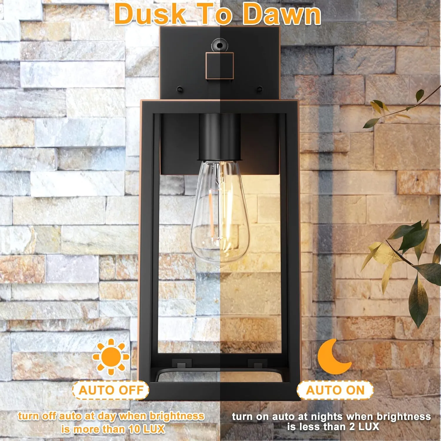 SHINE HAI Dusk to Dawn Outdoor Wall Lantern, Exterior Sconce Sensor Light Fixture with E26 Base Socket, Waterproof Wall Mount Lamp with Glass Shade for Garage, Doorway, 2-Pack (Oil-Rubbed Bronze)