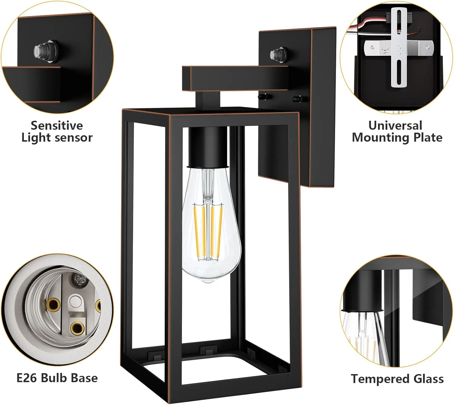 SHINE HAI Dusk to Dawn Outdoor Wall Lantern, Exterior Sconce Sensor Light Fixture with E26 Base Socket, Waterproof Wall Mount Lamp with Glass Shade for Garage, Doorway, 2-Pack (Oil-Rubbed Bronze)